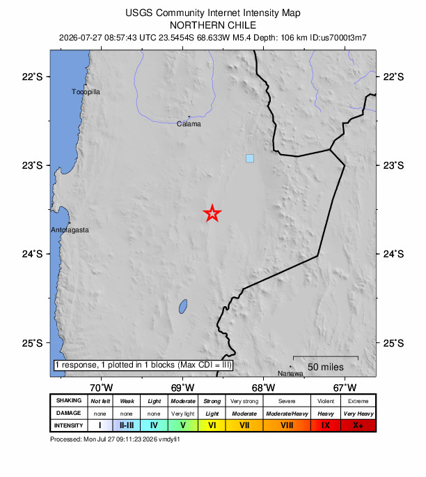 USGS DYFI community-reported intensity map for the M5.4 earthquake near 82 km SSW of San Pedro de Atacama, Chile