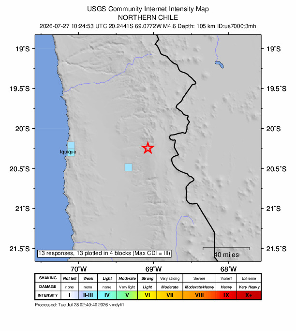 USGS DYFI community-reported intensity map for the M4.6 earthquake near 61 km E of La Tirana, Chile