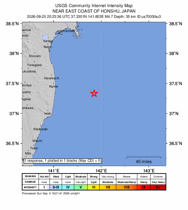 USGS DYFI community-reported intensity map for the M4.7 earthquake near 74 km E of Tomioka, Japan