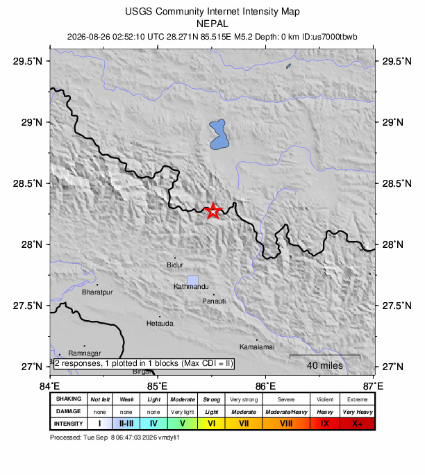 USGS DYFI community-reported intensity map for the M5.2 earthquake near 55 km NW of Kodāri̇̄, Nepal