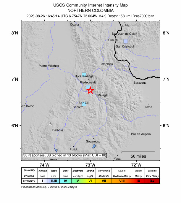 USGS DYFI community-reported intensity map for the M4.9 earthquake near 3 km W of Cepitá, Colombia
