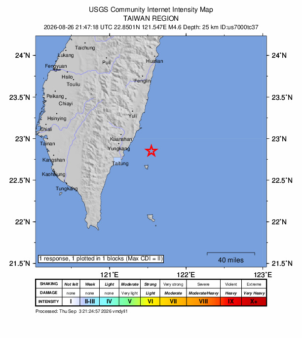 USGS DYFI community-reported intensity map for the M4.6 earthquake near 115 km ESE of Yujing, Taiwan