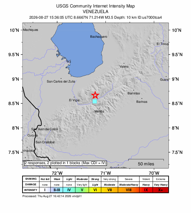 USGS DYFI community-reported intensity map for the M3.5 earthquake near 10 km NW of Mérida, Venezuela