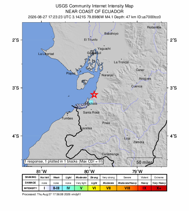 USGS DYFI community-reported intensity map for the M4.1 earthquake near 14 km NNE of Machala, Ecuador