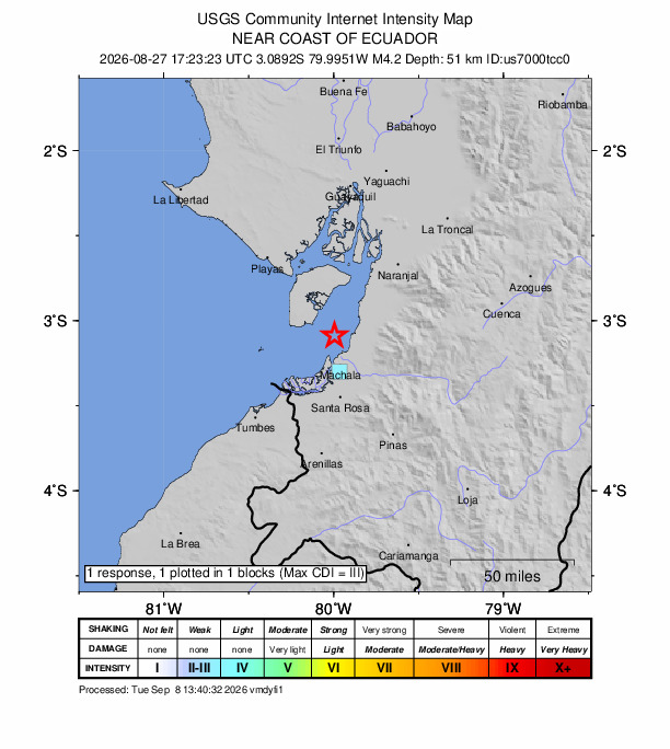 USGS DYFI community-reported intensity map for the M4.2 earthquake near 19 km NNW of Machala, Ecuador