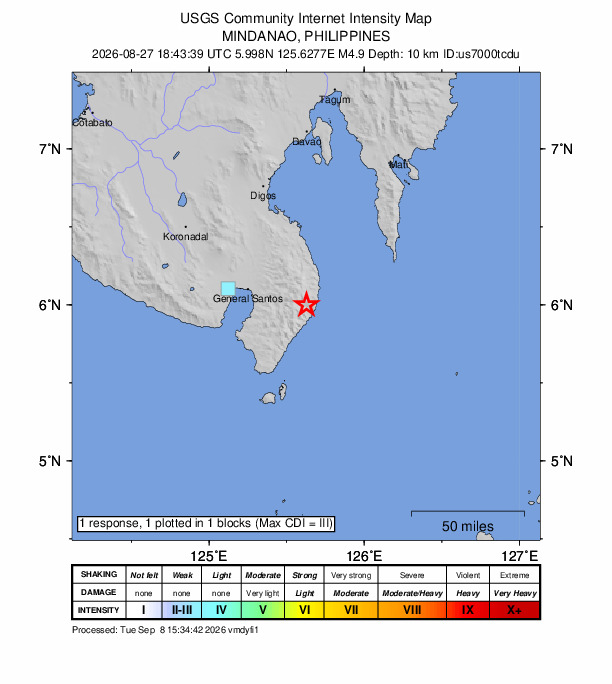 USGS DYFI community-reported intensity map for the M4.9 earthquake near 5 km NW of Culaman, Philippines