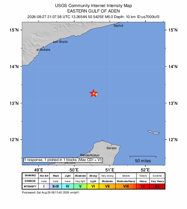 USGS DYFI community-reported intensity map for the M6.0 earthquake near 145 km N of Caluula, Somalia