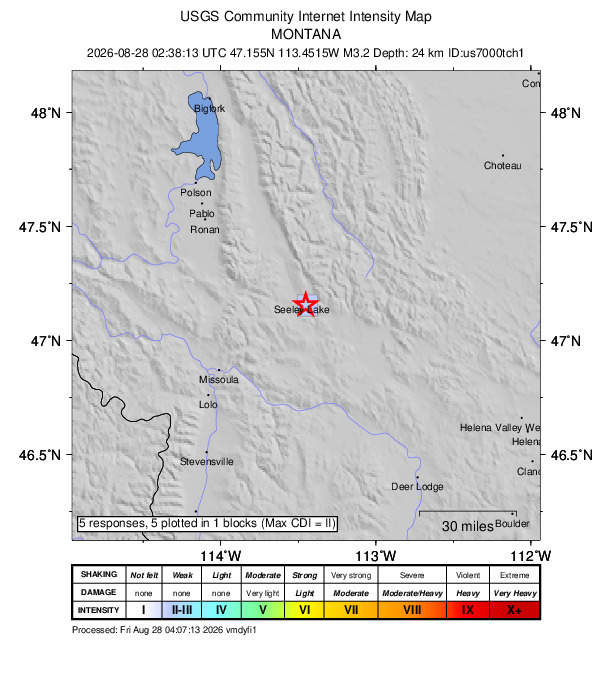 USGS DYFI community-reported intensity map for the M3.2 earthquake near 3 km SE of Seeley Lake, Montana
