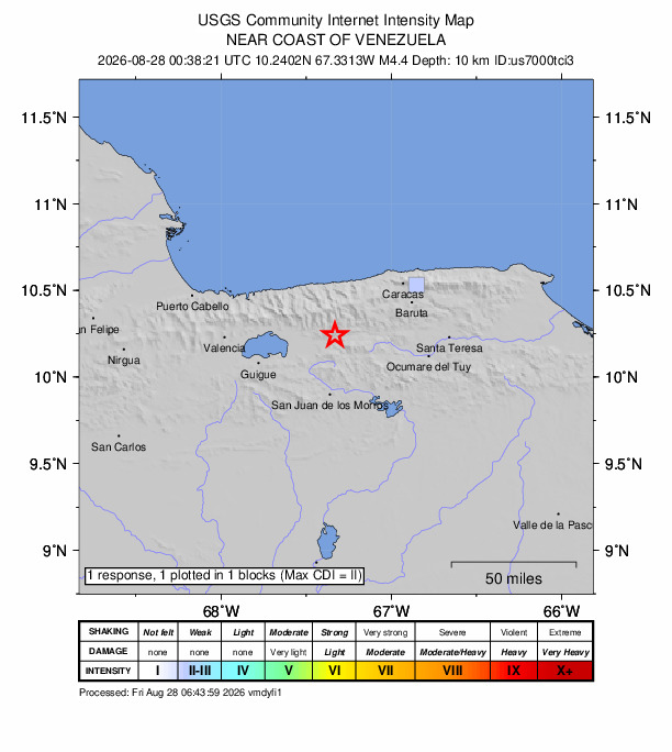 USGS DYFI community-reported intensity map for the M4.4 earthquake near 1 km N of La Victoria, Venezuela