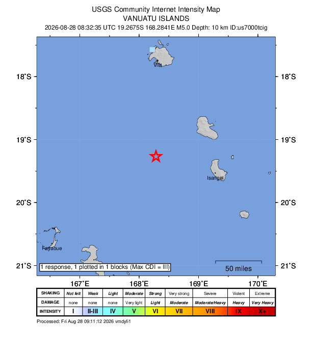 USGS DYFI community-reported intensity map for the M5.0 earthquake near 109 km WNW of Isangel, Vanuatu