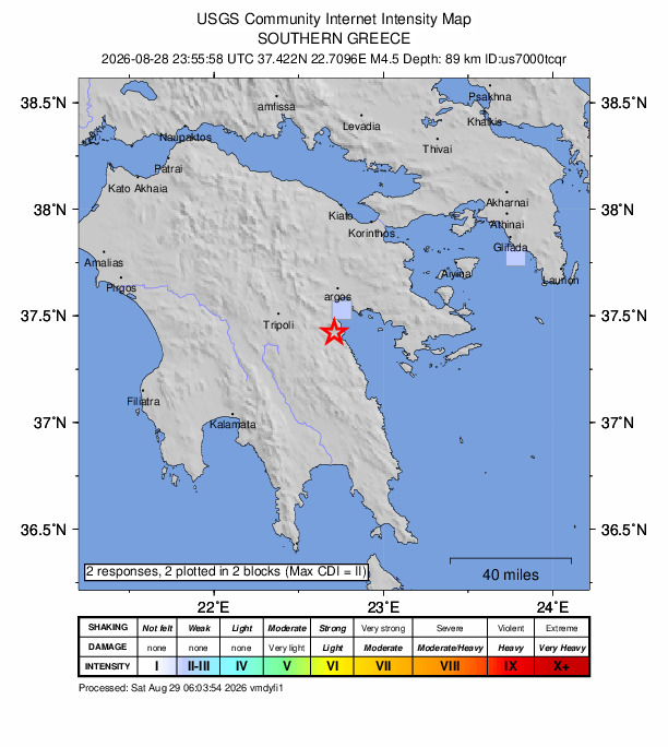 USGS DYFI community-reported intensity map for the M4.5 earthquake near 2 km NNW of Ástros, Greece