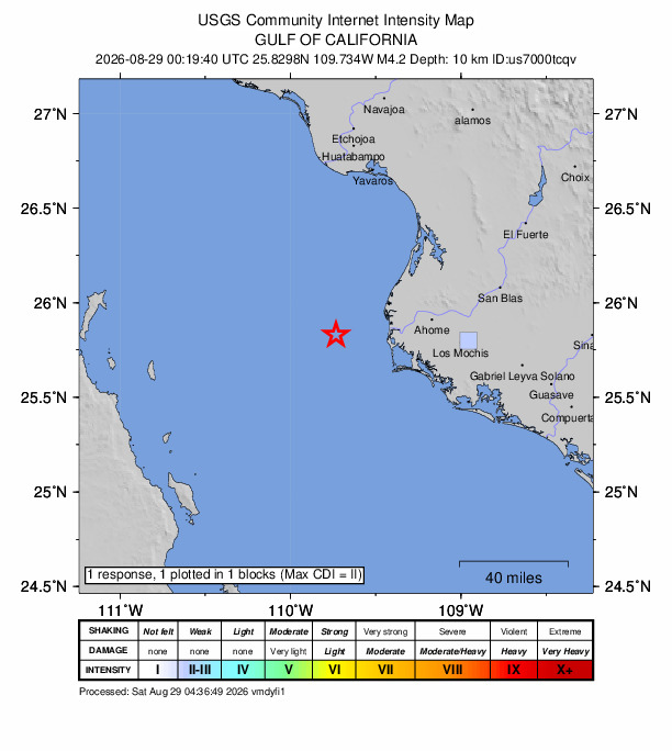 USGS DYFI community-reported intensity map for the M4.2 earthquake near 40 km W of Las Grullas Margen Derecha, Mexico