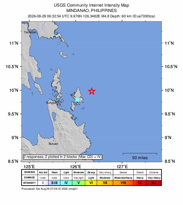 USGS DYFI community-reported intensity map for the M4.8 earthquake near 29 km ENE of Pilar, Philippines