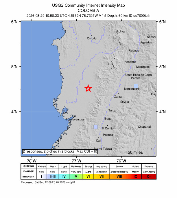 USGS DYFI community-reported intensity map for the M4.5 earthquake near 18 km SW of Sipí, Colombia