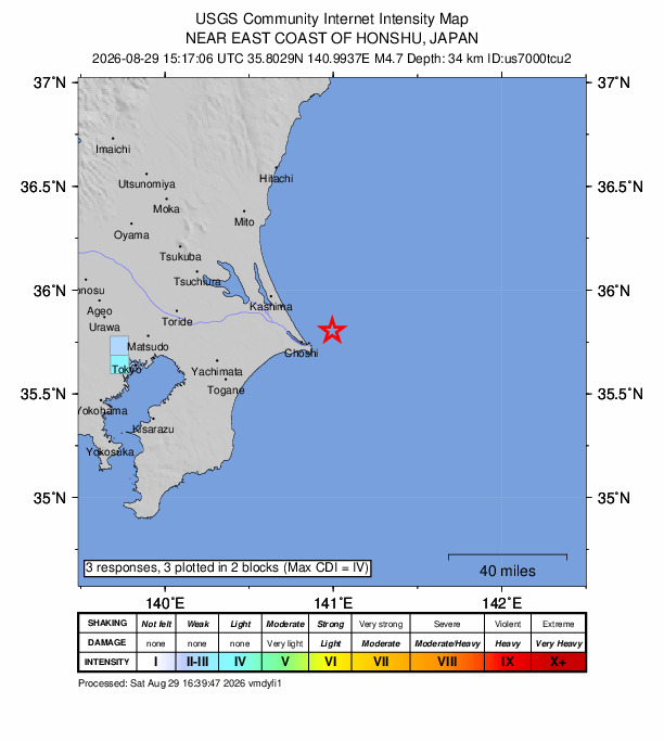 USGS DYFI community-reported intensity map for the M4.7 earthquake near 16 km ENE of Hasaki, Japan