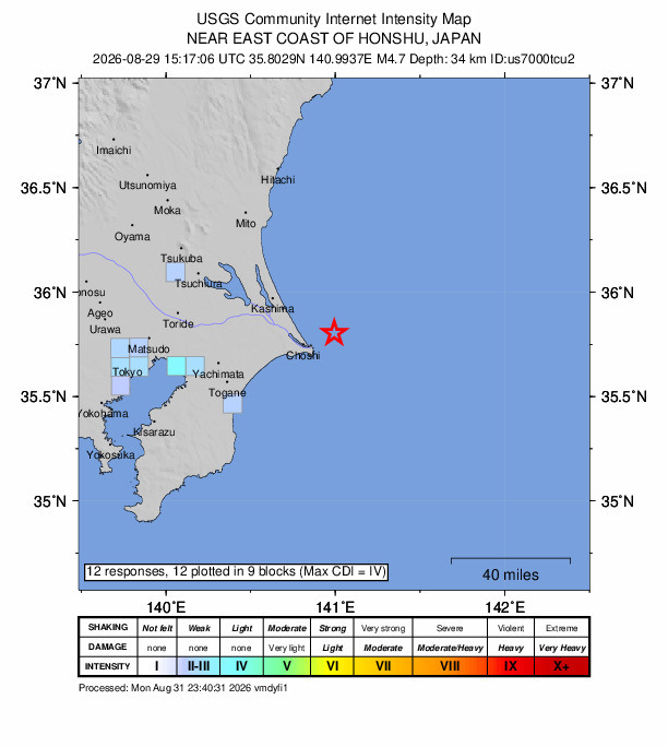USGS DYFI community-reported intensity map for the M4.7 earthquake near 16 km ENE of Hasaki, Japan