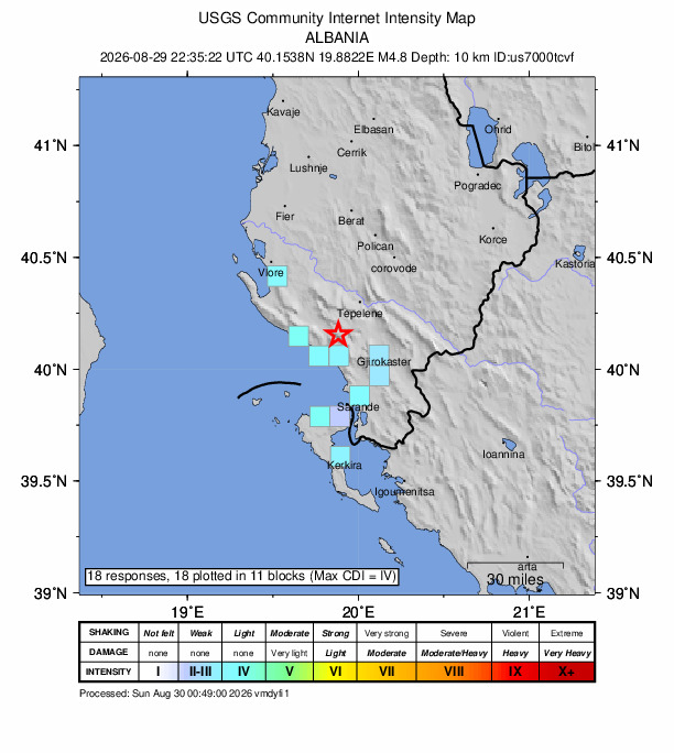 USGS DYFI community-reported intensity map for the M4.8 earthquake near 13 km ENE of Himarë, Albania