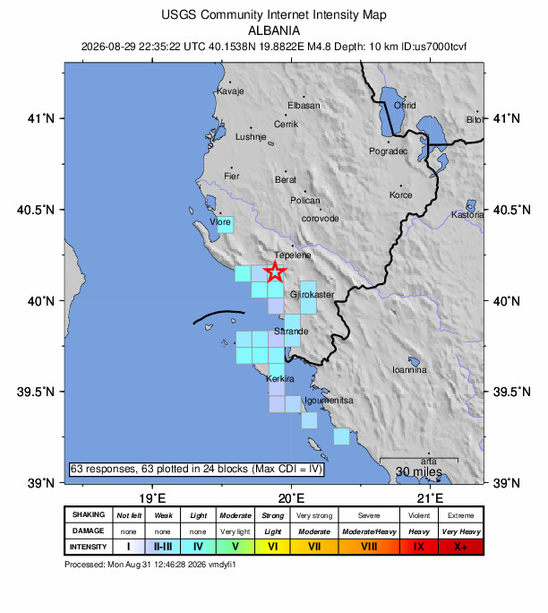 USGS DYFI community-reported intensity map for the M4.8 earthquake near 13 km ENE of Himarë, Albania