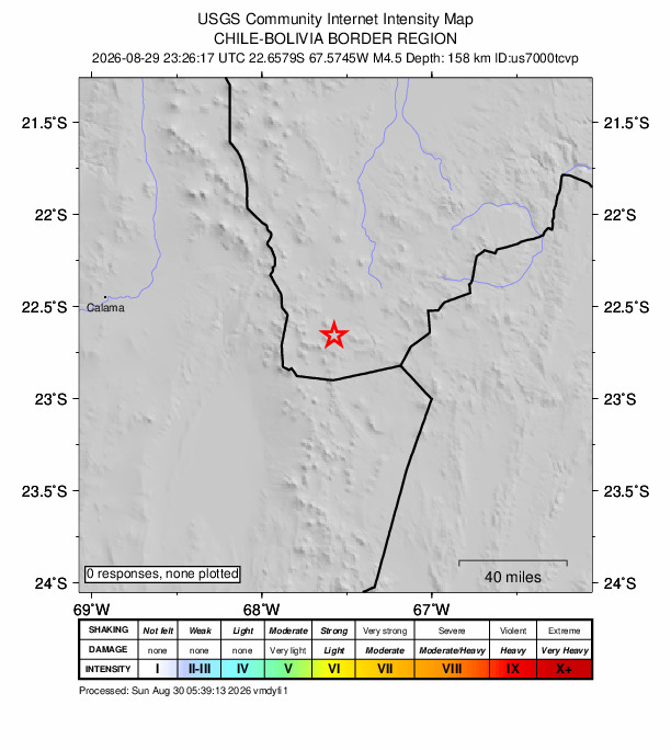 USGS DYFI community-reported intensity map for the M4.5 earthquake near 70 km ENE of San Pedro de Atacama, Chile