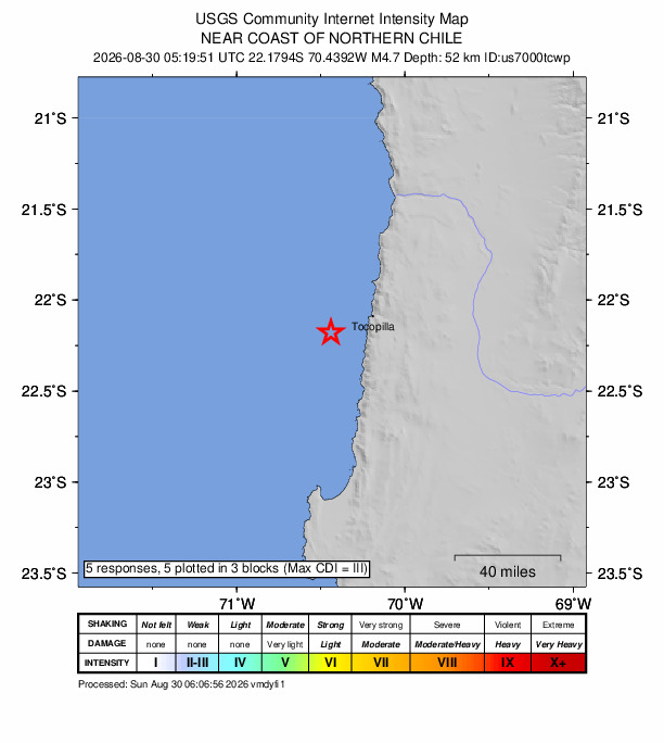 USGS DYFI community-reported intensity map for the M4.7 earthquake near 26 km WSW of Tocopilla, Chile