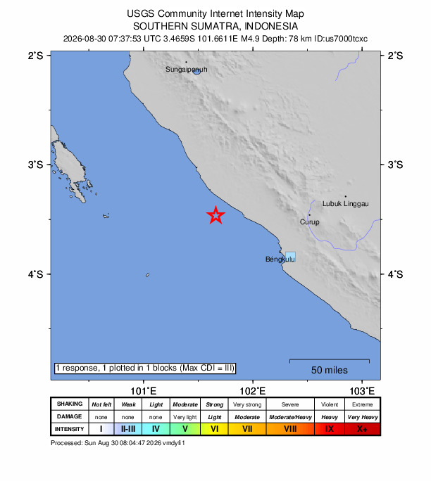 USGS DYFI community-reported intensity map for the M4.9 earthquake near 76 km WNW of Bengkulu, Indonesia