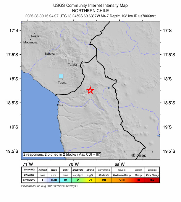 USGS DYFI community-reported intensity map for the M4.7 earthquake near 62 km SSE of Palca, Peru