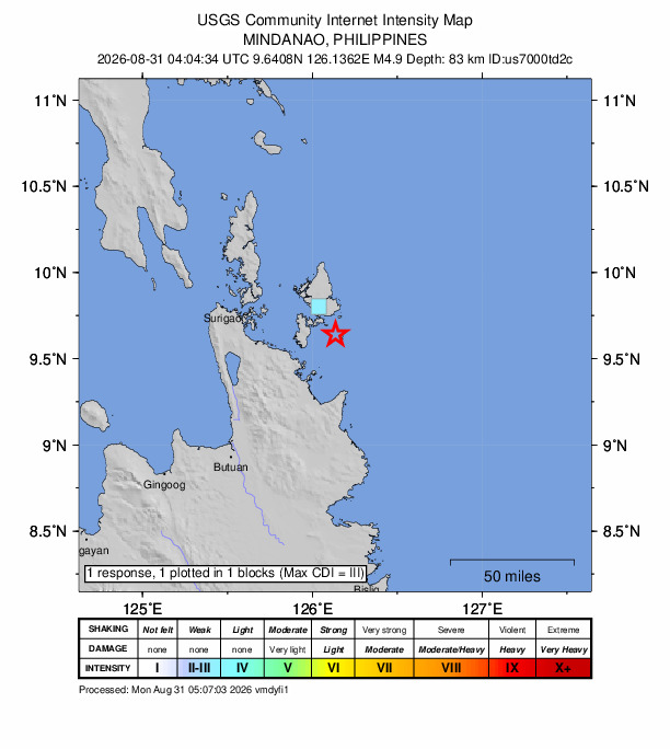 USGS DYFI community-reported intensity map for the M4.9 earthquake near 13 km SSE of Union, Philippines