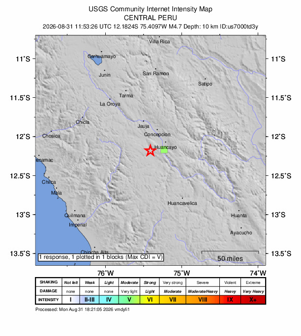 USGS DYFI community-reported intensity map for the M4.7 earthquake near 3 km NW of Yanacancha, Peru