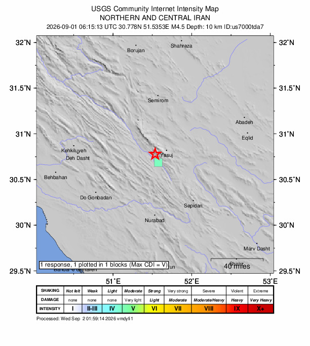 USGS DYFI community-reported intensity map for the M4.5 earthquake near 13 km NNW of Yasuj, Iran