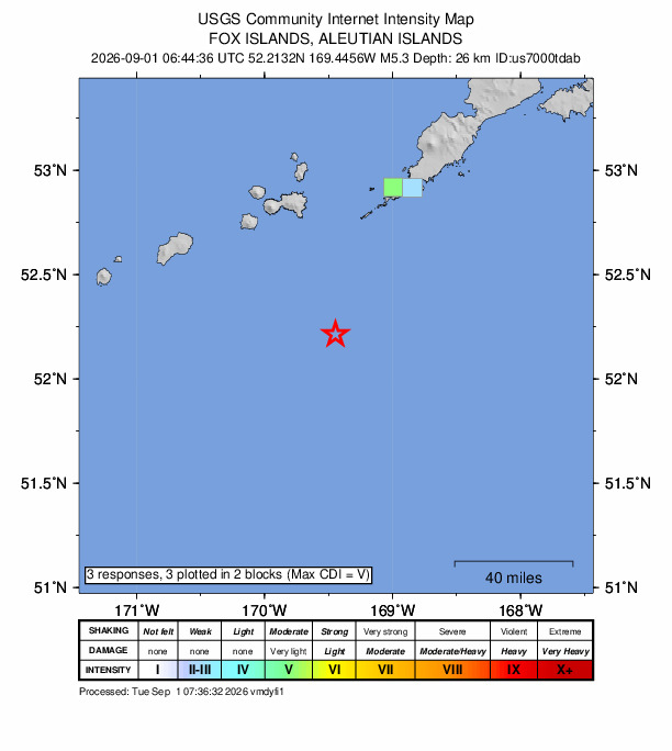 USGS DYFI community-reported intensity map for the M5.3 earthquake near 89 km SSW of Nikolski, Alaska