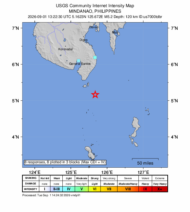 USGS DYFI community-reported intensity map for the M5.2 earthquake near 35 km SE of Sarangani, Philippines
