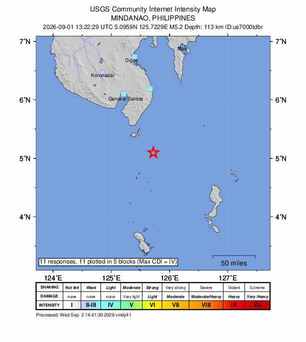 USGS DYFI community-reported intensity map for the M5.2 earthquake near 44 km SE of Sarangani, Philippines