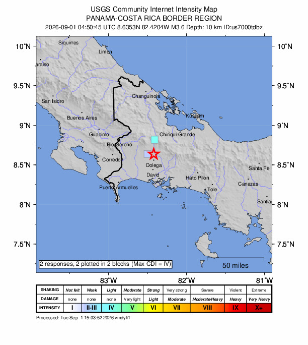 USGS DYFI community-reported intensity map for the M3.6 earthquake near 4 km WSW of Caldera, Panama