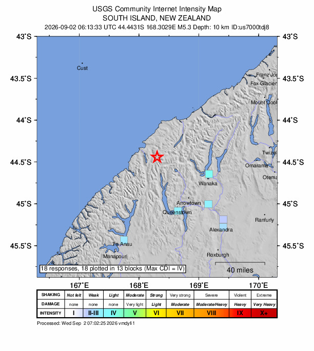 USGS DYFI community-reported intensity map for the M5.3 earthquake near 66 km NNW of Arthurs Point, New Zealand