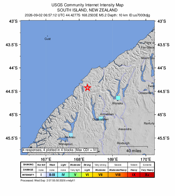 USGS DYFI community-reported intensity map for the M5.2 earthquake near 70 km NNW of Arthurs Point, New Zealand