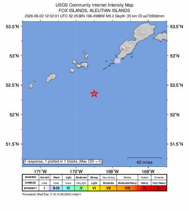 USGS DYFI community-reported intensity map for the M5.2 earthquake near 78 km SSW of Nikolski, Alaska