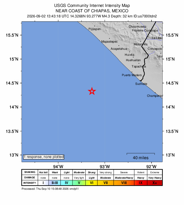 USGS DYFI community-reported intensity map for the M4.3 earthquake near 101 km WSW of Puerto Madero, Mexico