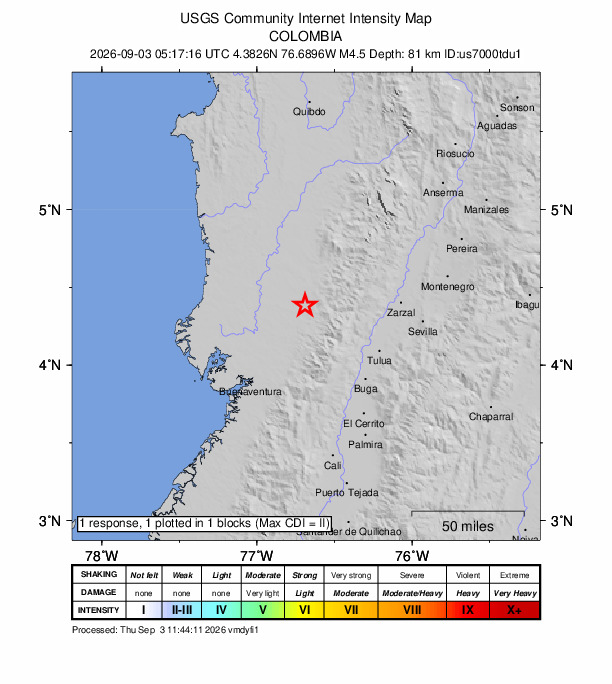 USGS DYFI community-reported intensity map for the M4.5 earthquake near 30 km S of Sipí, Colombia
