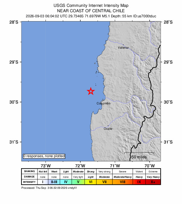 USGS DYFI community-reported intensity map for the M5.1 earthquake near 42 km NW of Coquimbo, Chile
