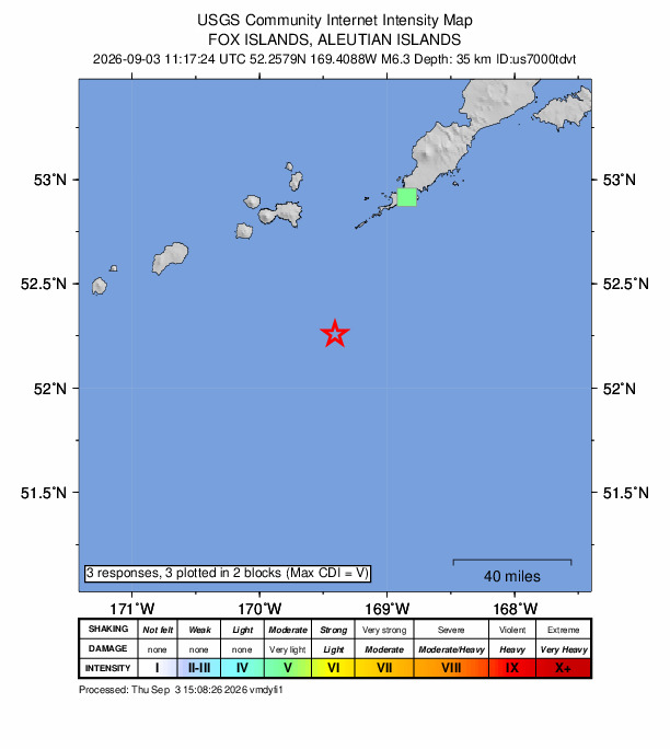 USGS DYFI community-reported intensity map for the M6.3 earthquake near 84 km SSW of Nikolski, Alaska