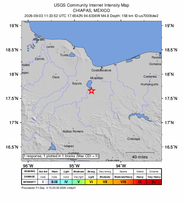 USGS DYFI community-reported intensity map for the M4.8 earthquake near 12 km E of Venustiano Carranza (Peña Blanca), Mexico