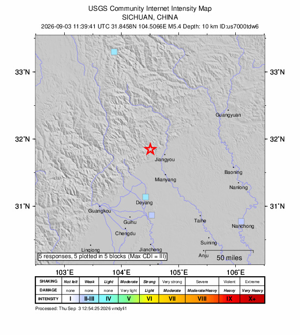 USGS DYFI community-reported intensity map for the M5.4 earthquake near 21 km WNW of Jiangyou, China