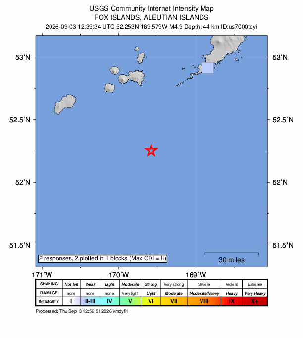 USGS DYFI community-reported intensity map for the M4.9 earthquake near 90 km SSW of Nikolski, Alaska