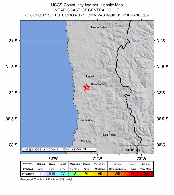 USGS DYFI community-reported intensity map for the M4.8 earthquake near 29 km WSW of Salamanca, Chile