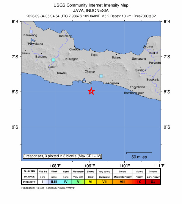 USGS DYFI community-reported intensity map for the M5.2 earthquake near 28 km S of Cilacap, Indonesia