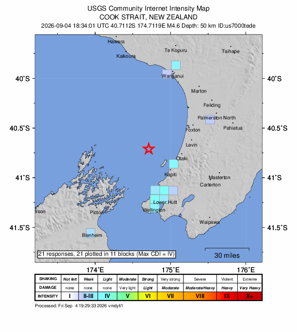 USGS DYFI community-reported intensity map for the M4.6 earthquake near 32 km NW of Raumati Beach, New Zealand
