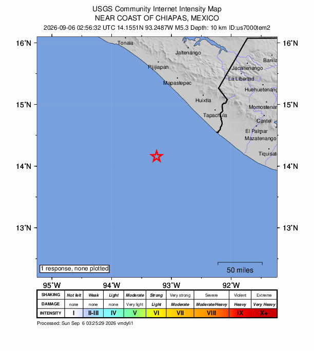 USGS DYFI community-reported intensity map for the M5.3 earthquake near 108 km SW of Puerto Madero, Mexico