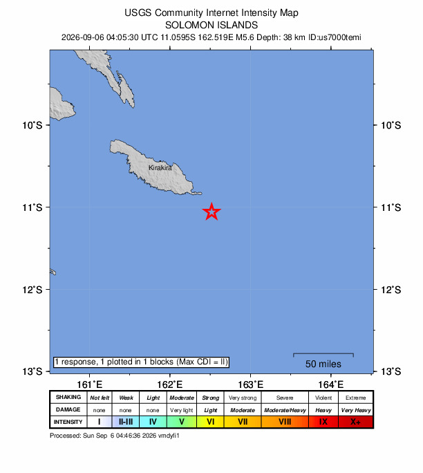 USGS DYFI community-reported intensity map for the M5.6 earthquake near 93 km SE of Kirakira, Solomon Islands