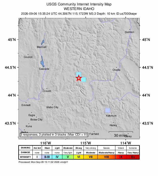USGS DYFI community-reported intensity map for the M3.3 earthquake near 21 km WNW of Stanley, Idaho