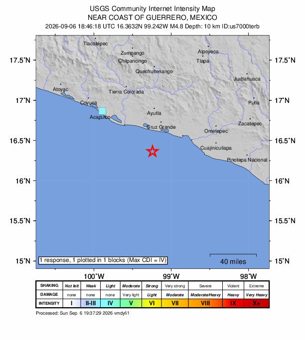 USGS DYFI community-reported intensity map for the M4.8 earthquake near 39 km SW of Copala, Mexico